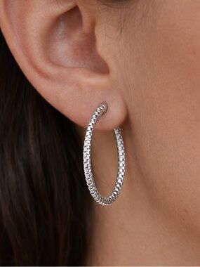 Textured Silver Hoop Earrings with Box-Chain Detail